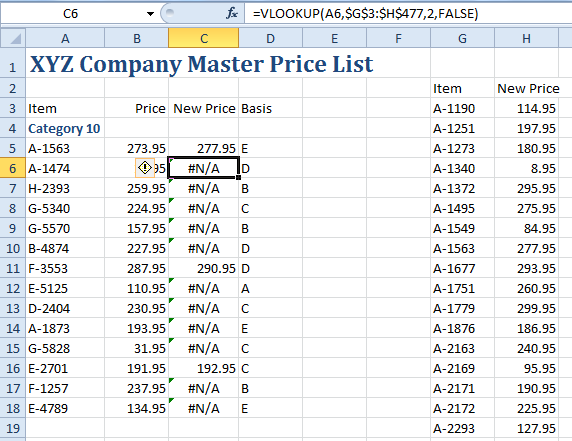 A bunch of #N/A errors in column C